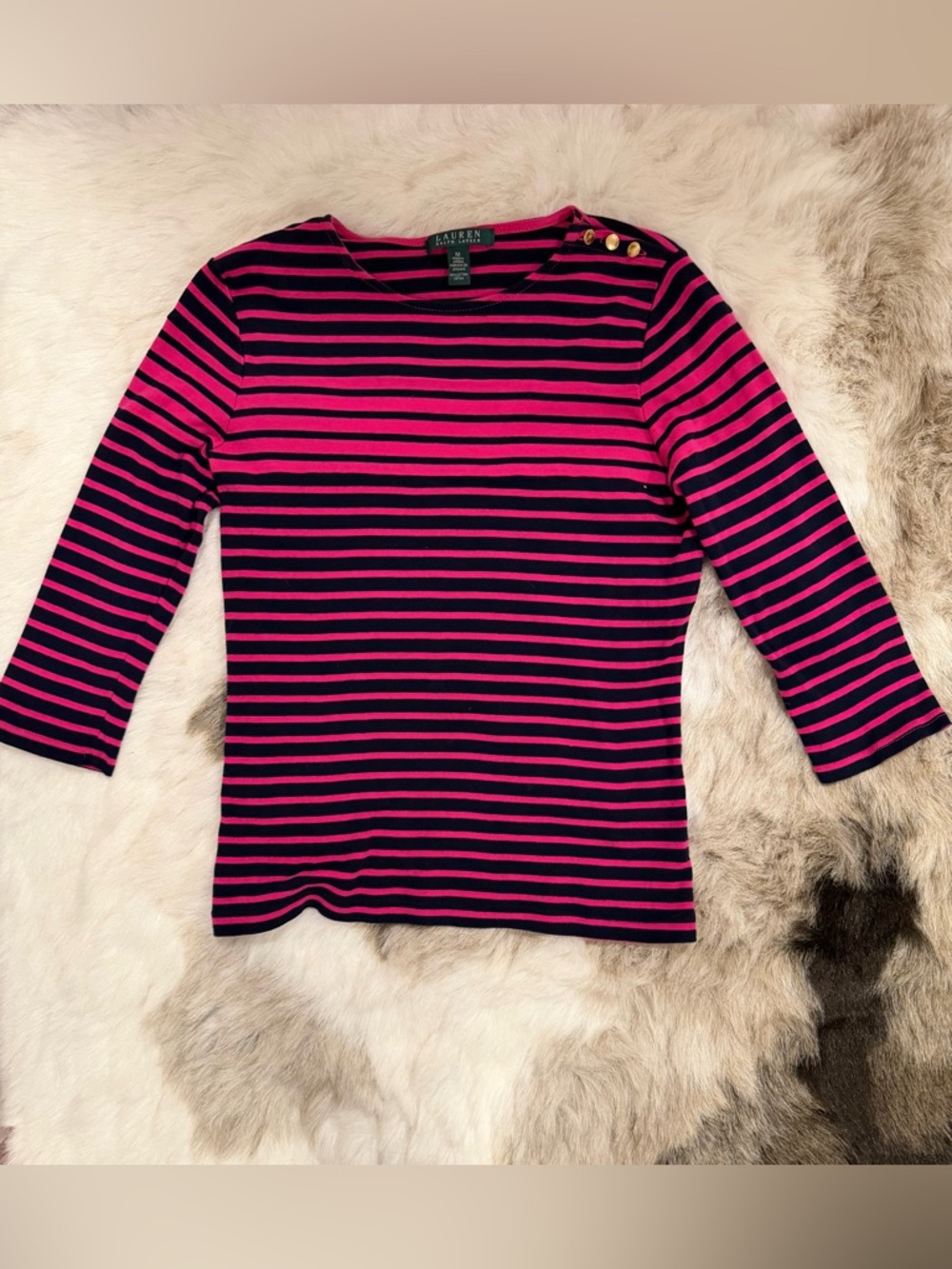 Ralph Lauren Pink and Navy Striped Top with Gold Buttons medium 100% cotton